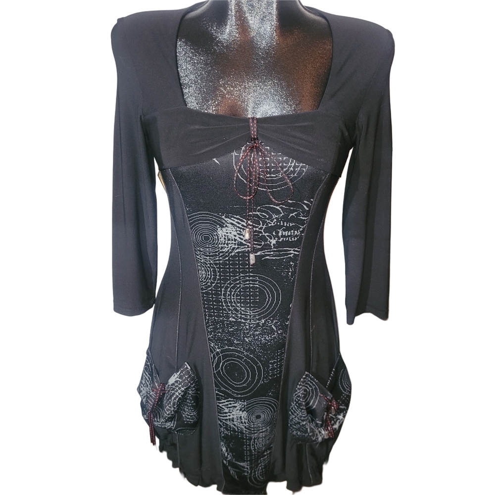 Bali Black and Grey Patterned Whimsgoth Square Neckline Tunic Mini Dress Size 6